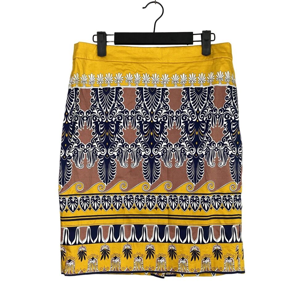 J.Crew The Pencil Skirt In Lisbon Scroll Print Design Back Slit Zip Up 6 Yellow